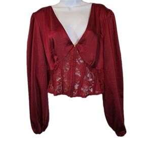 Forever 21 Plus Top Womens 3X Red Satin Lace Corset Crop Long Slv Vamp Sexy Goth